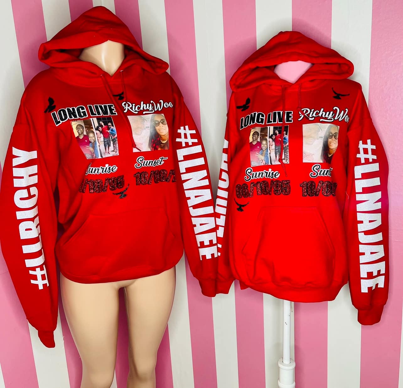 Sudadera con capucha y cara brillante con dos imágenes al frente