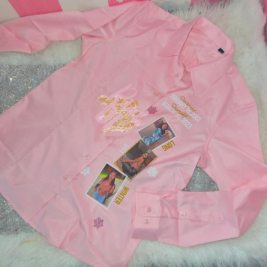 Camisa con botones y cara brillante con 3 imágenes al frente