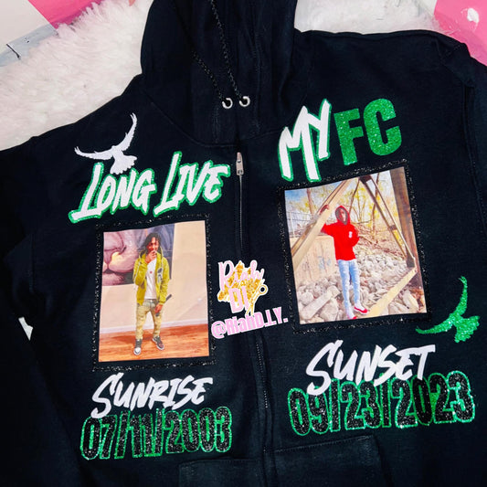Sudadera básica con capucha y cremallera frontal con dos imágenes