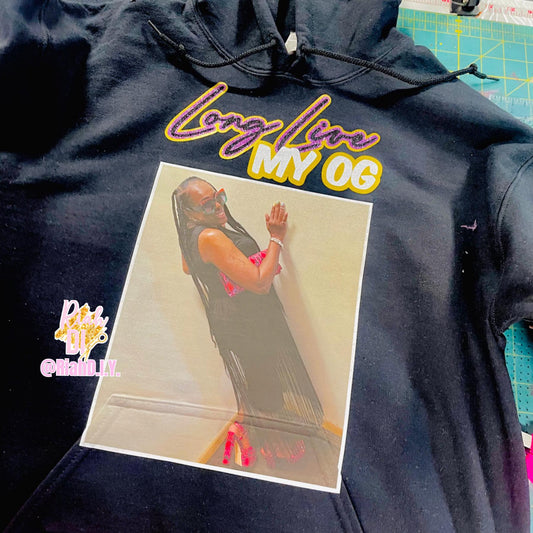 Sudadera con capucha y cara brillante con imagen frontal