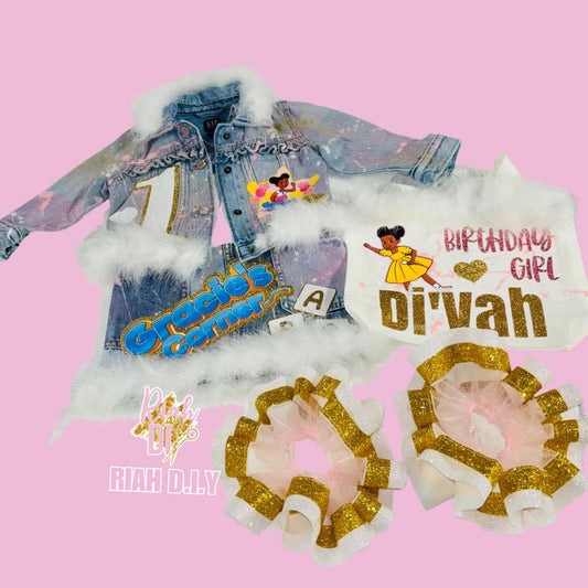 Conjunto de vestido, chaqueta, tobilleras y bolso de mezclilla para niña