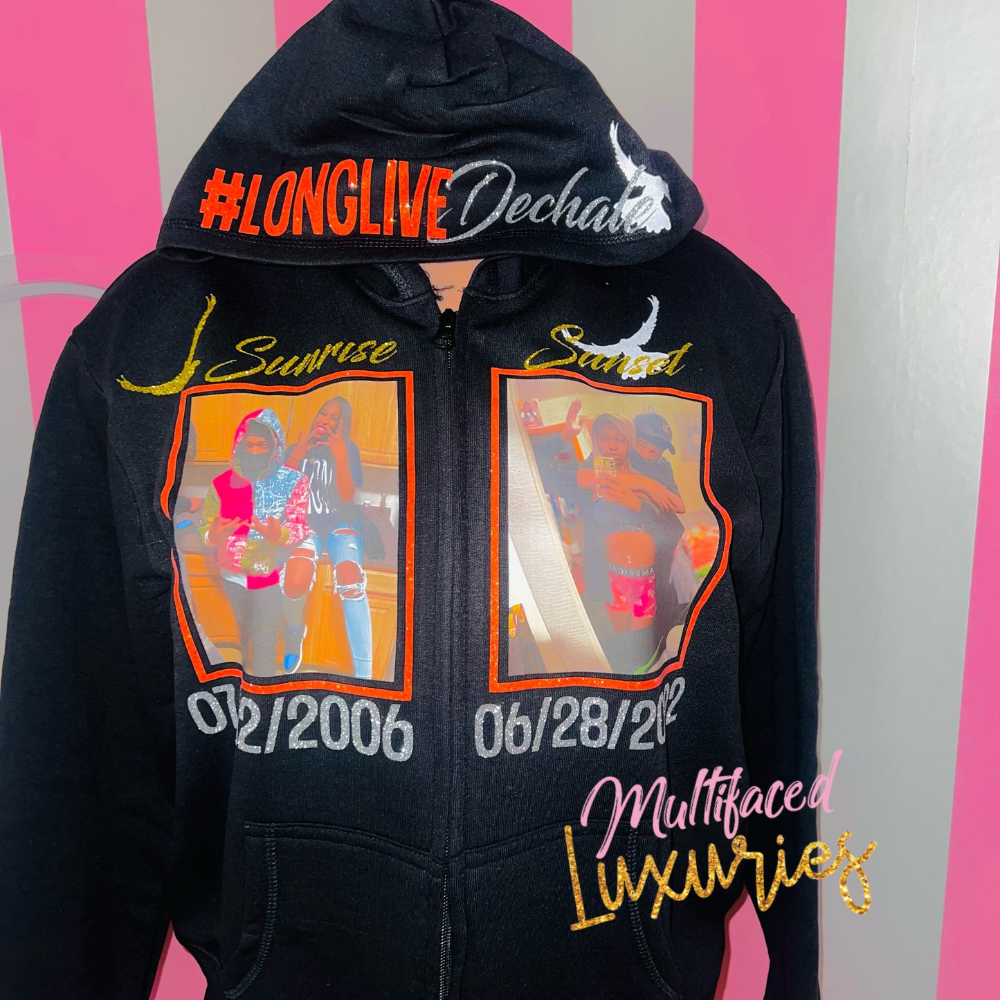 Sudadera con capucha, cremallera frontal y cara brillante, 2 imágenes