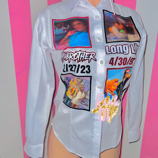 Camisa con botones y cara brillante con 4 imágenes al frente