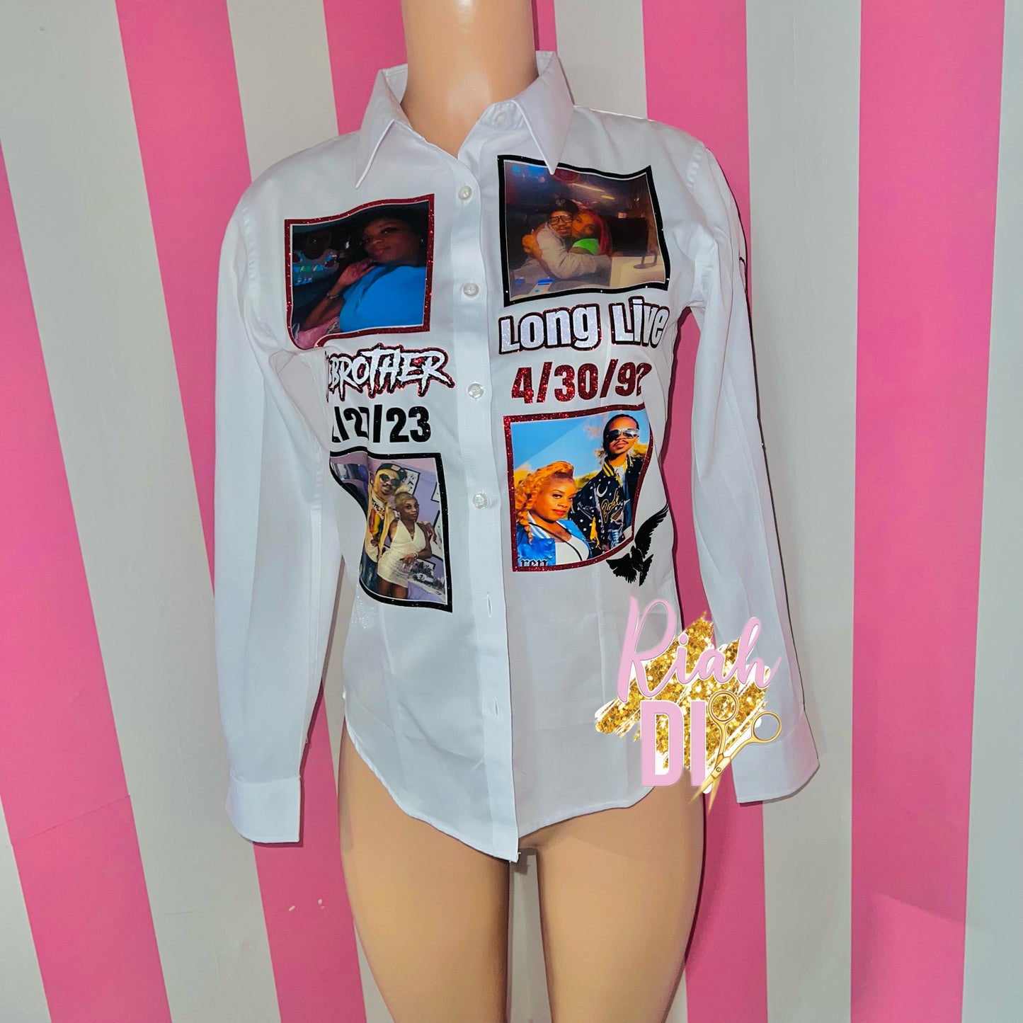 Camisa con botones y cara brillante con 4 imágenes al frente