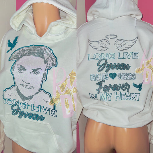 Sudadera con capucha y poema con cara brillante